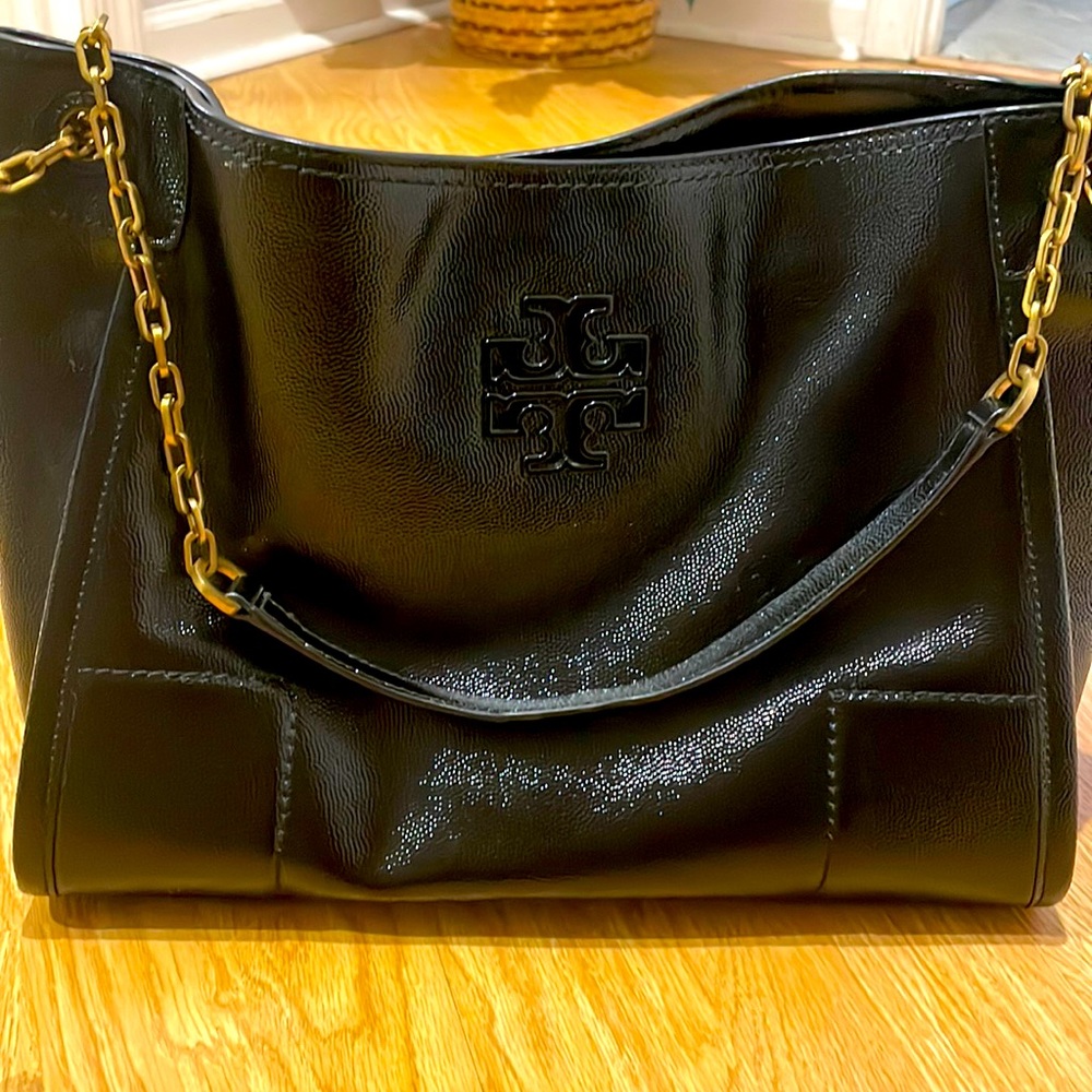 Tory Burch Black Shiny Pebble Tote Triple Compartment Tote with gold chain!